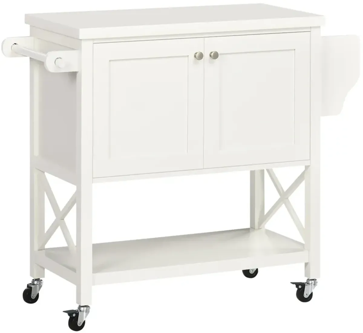 White Kitchen Helper: Mobile Island with Rubberwood Top & Storage