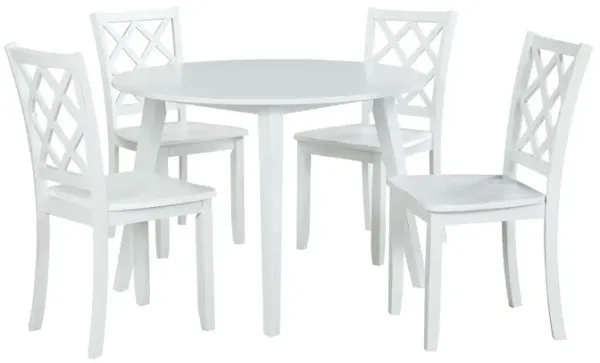 Ava 5pc Dining Table Set, 42in Round White Rubberwood, Diamond Trellis - Benzara