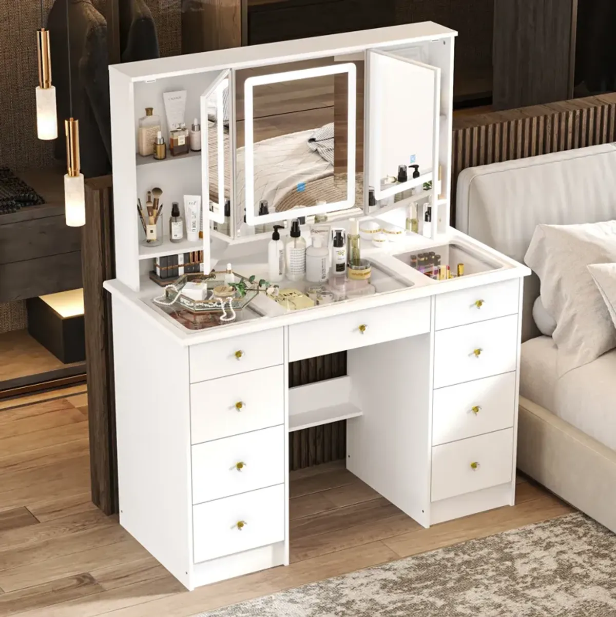 White Makeup Vanity Desk 9 Drawers Wood Dressing Table With 3 Mirrors, Glass Top, Hidden Storage Shelves, LED Lighted