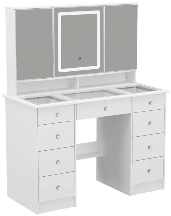 FUFU&GAGA White Wood Makeup Vanity Desk with 9 Drawers, Glass Top, LED Lighted Tri-Fold Mirror & Hidden Storage Shelves (43.3 in. W x 53.9 in. H x 19.7 in. D), White