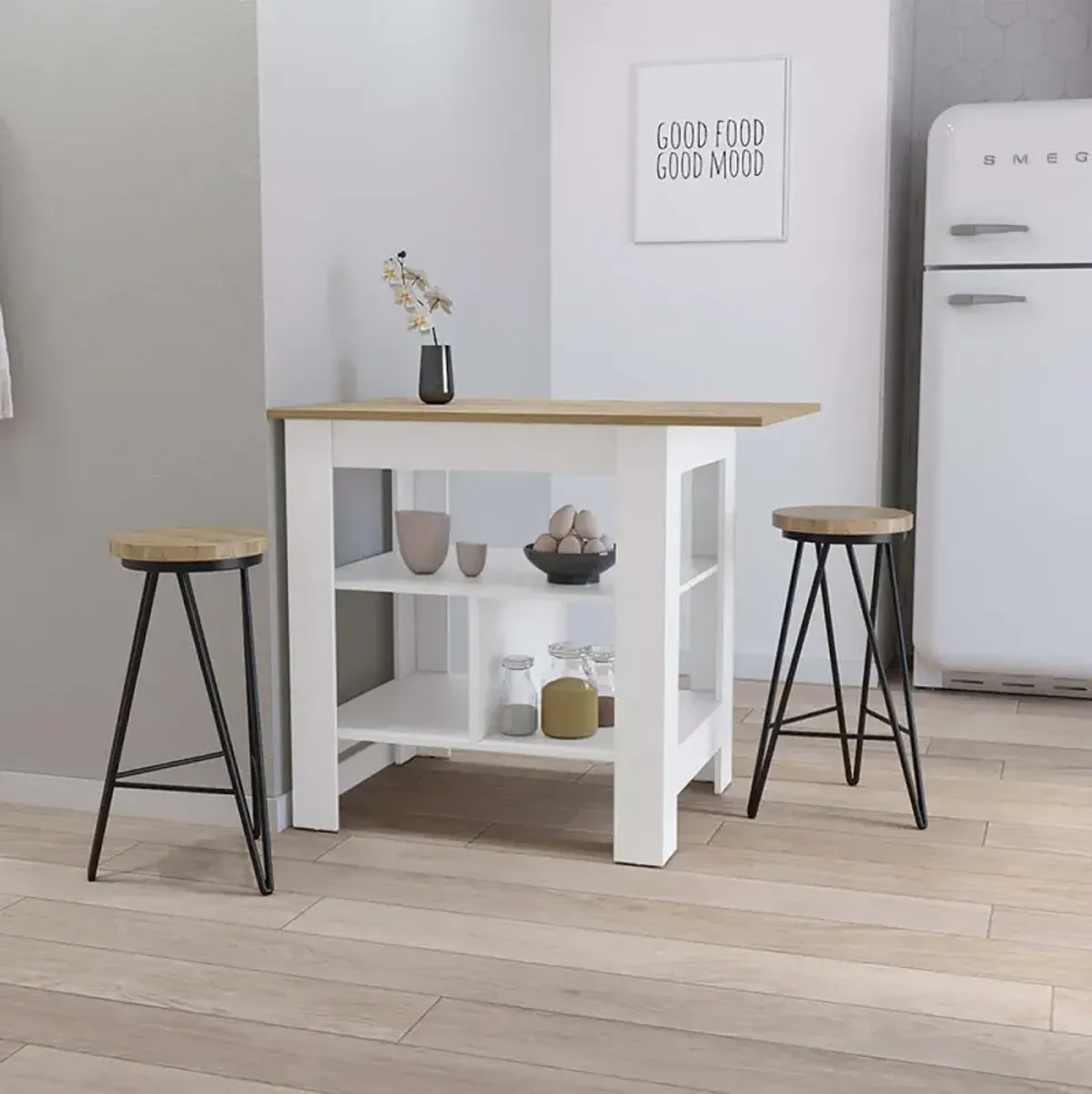 Adeline 3-Shelf Kitchen Island White And Macadamia