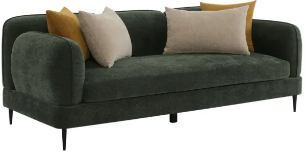 Dija Sofa with 4 Accent Throw Pillows, 84 Inch, Dark Green Chenille - Benzara