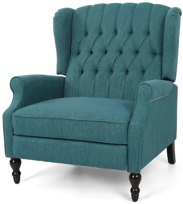 Jade Oversize Wide Chair Manual Recliner, Wingback, Teal Button Tufted - Benzara