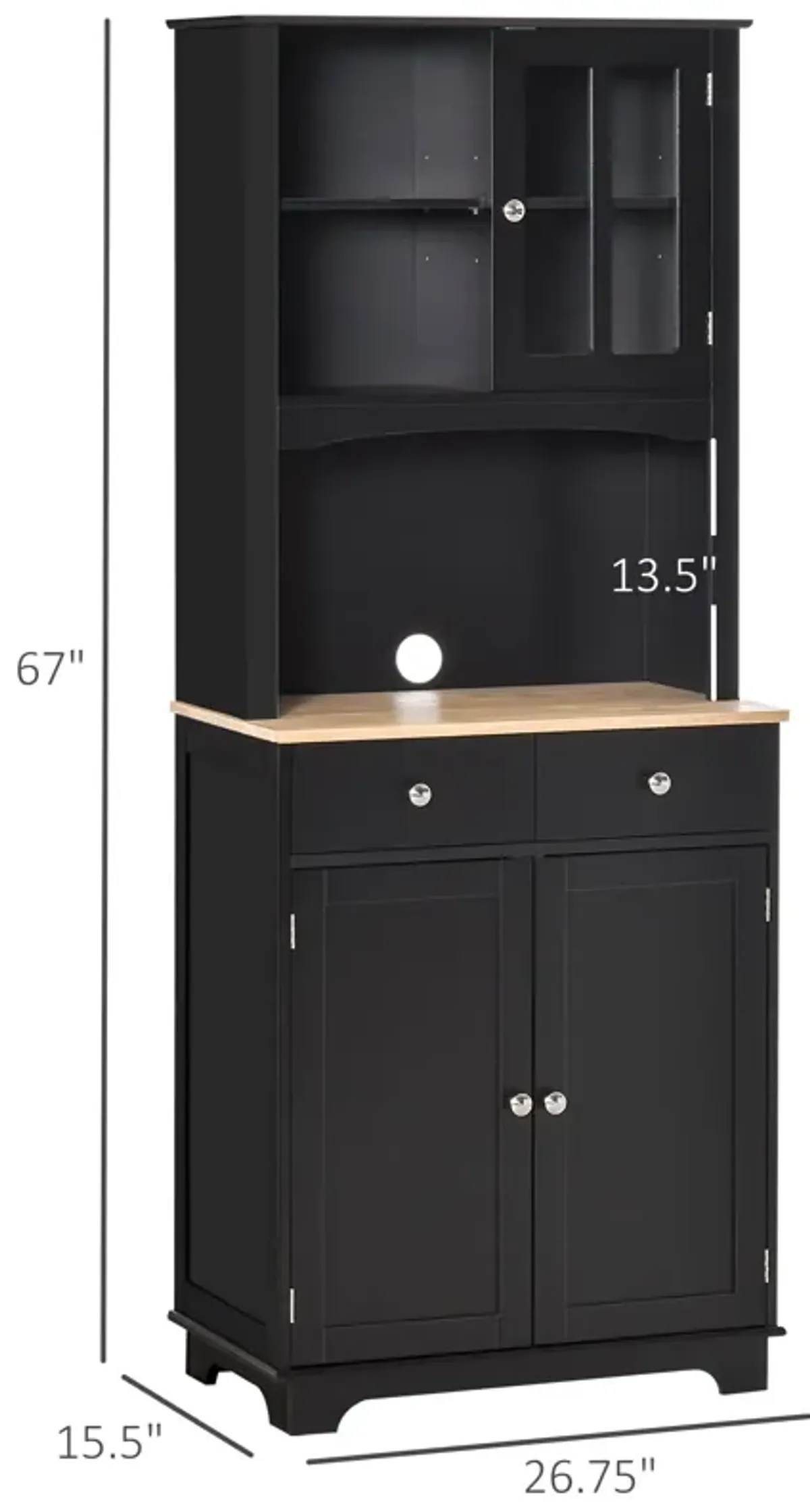 Black Kitchen Tower: 67" Hutch Cabinet with Framed Doors and Drawers