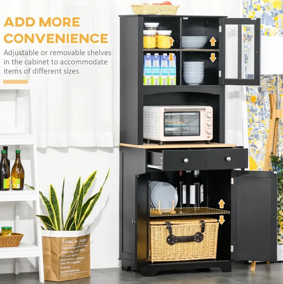 Black Kitchen Tower: 67" Hutch Cabinet with Framed Doors and Drawers