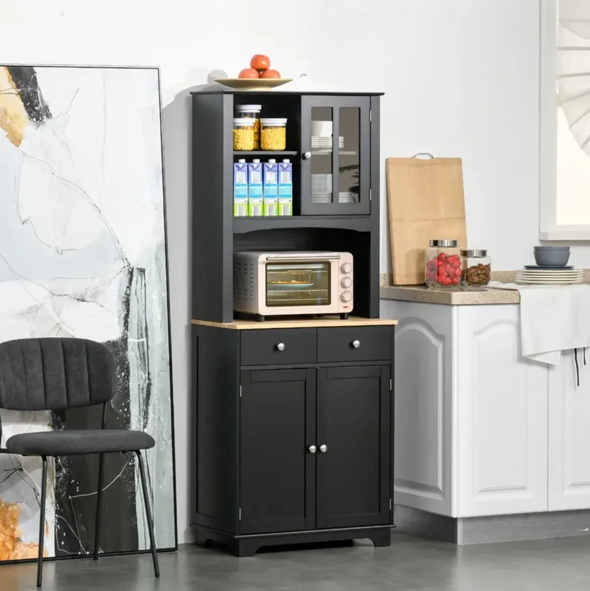 Black Kitchen Tower: 67" Hutch Cabinet with Framed Doors and Drawers