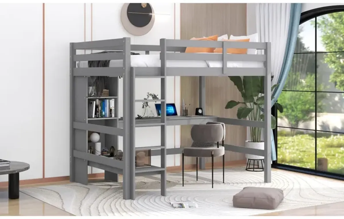 Full Size Loft Bed With Multifunction Shelves And Under-Bed Desk