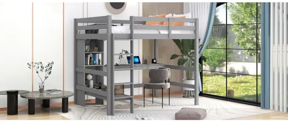 Full Size Loft Bed With Multifunction Shelves And Under-Bed Desk