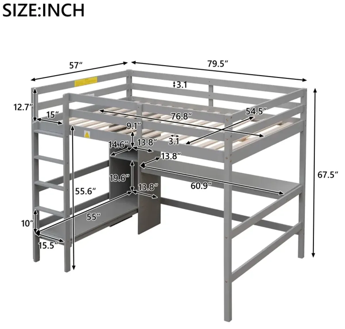 Full Size Loft Bed With Multifunction Shelves And Under-Bed Desk