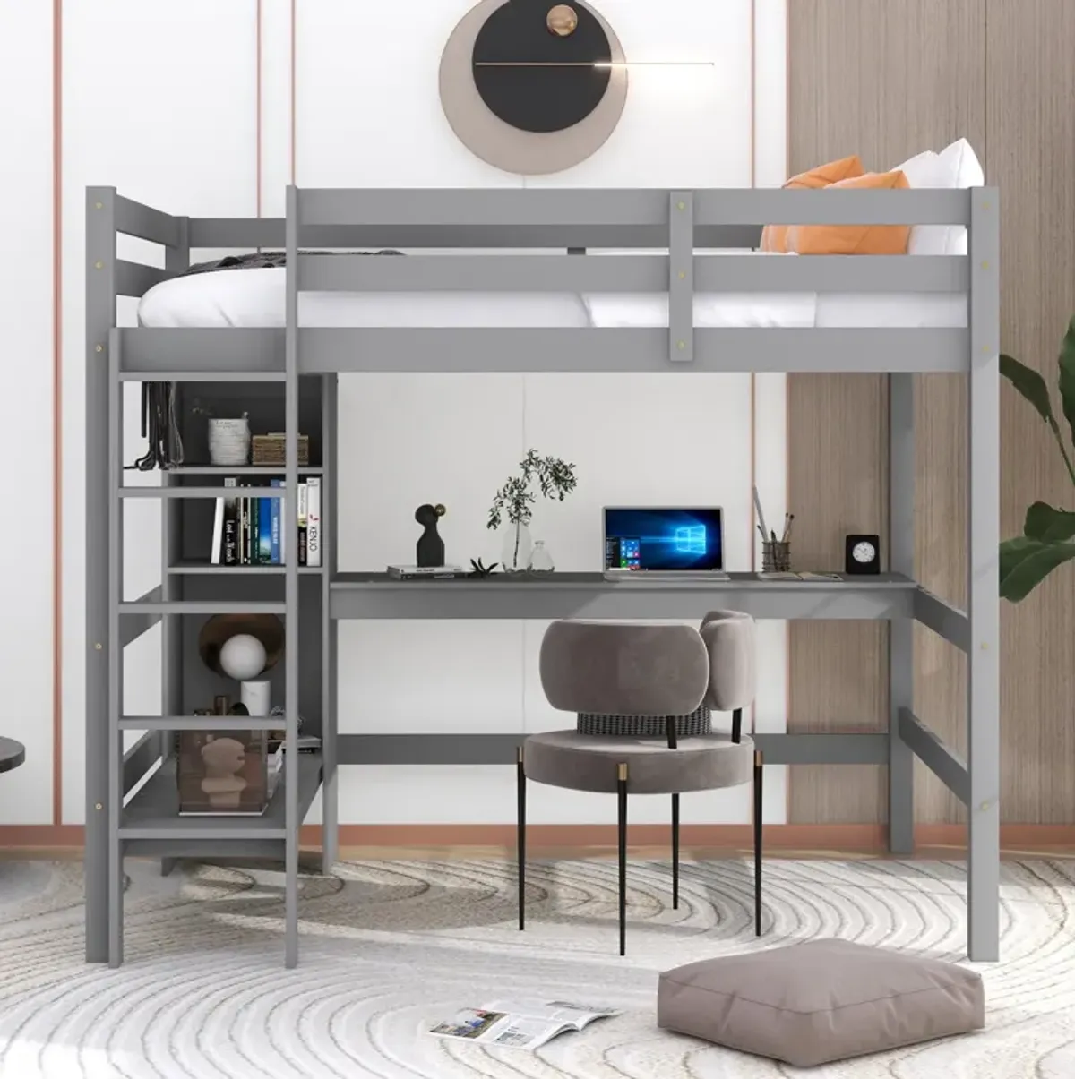 Full Size Loft Bed With Multifunction Shelves And Under-Bed Desk