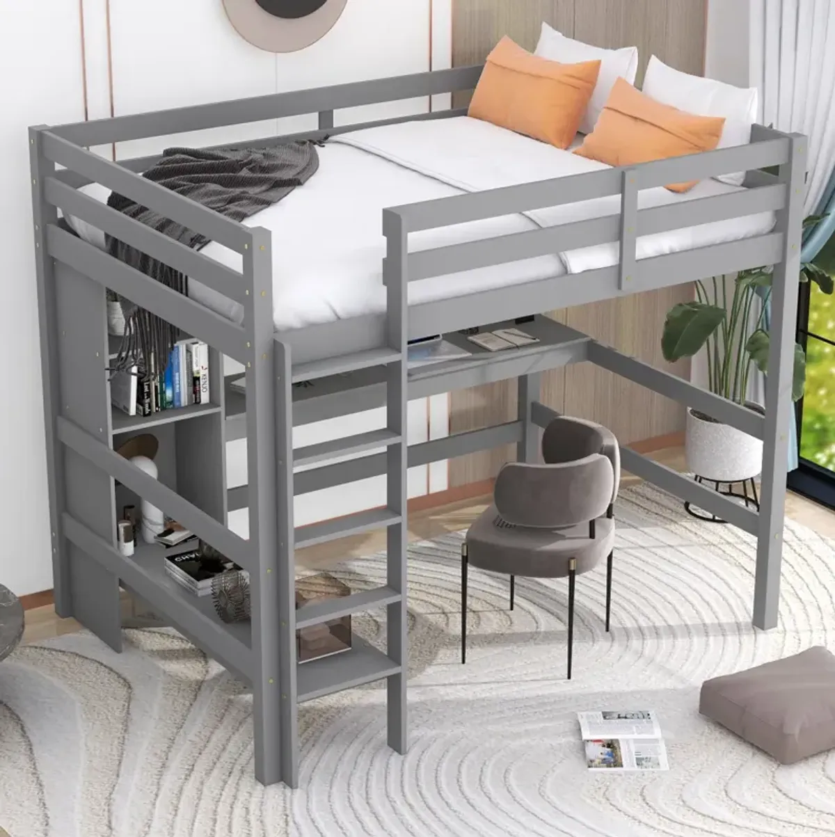 Full Size Loft Bed With Multifunction Shelves And Under-Bed Desk