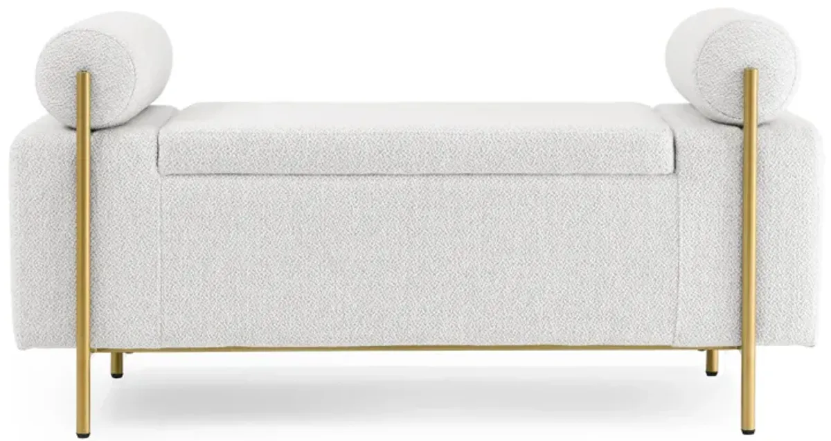 Hivvago Elegant Upholstered Linen Storage Bench with Cylindrical Arms and Iron Legs