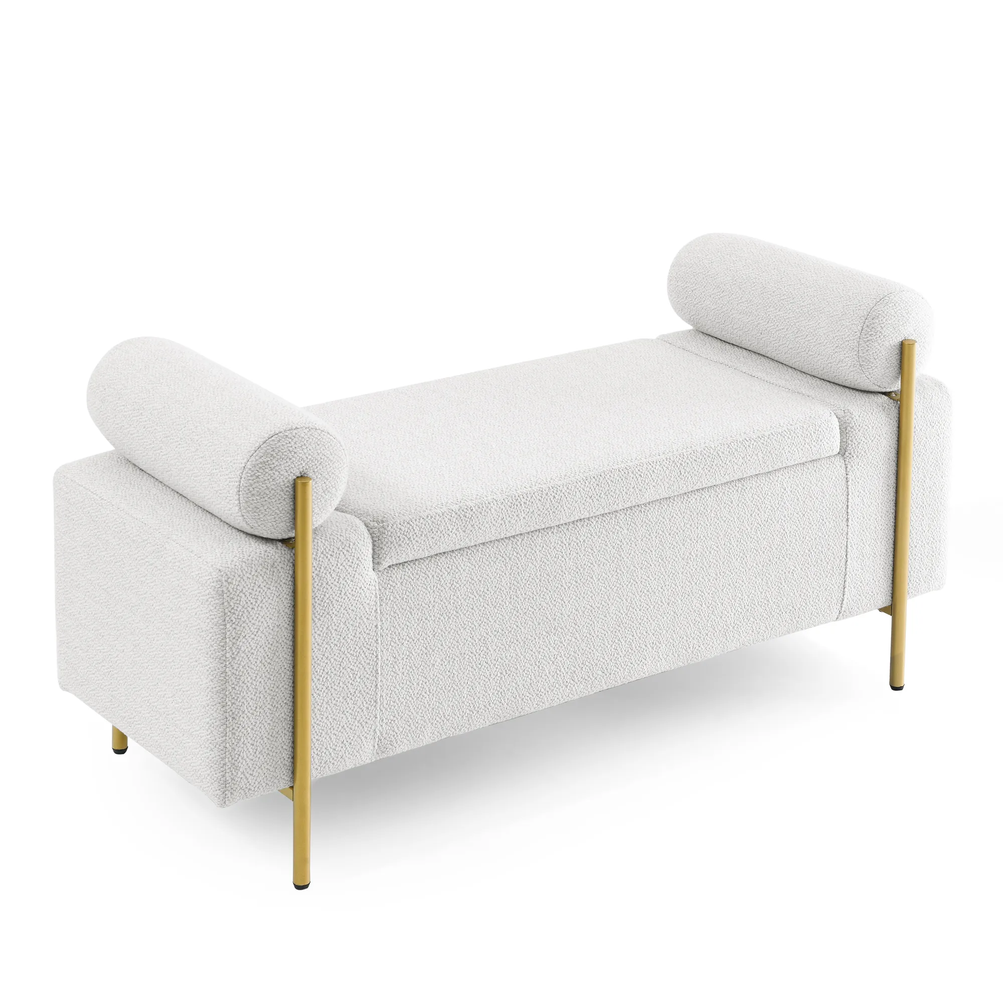 Hivvago Elegant Upholstered Linen Storage Bench with Cylindrical Arms and Iron Legs