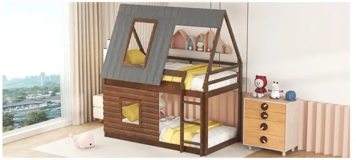 Wood Twin Size House Bunk Bed With Roof, Ladder And 2 Windows, Oak & Smoky