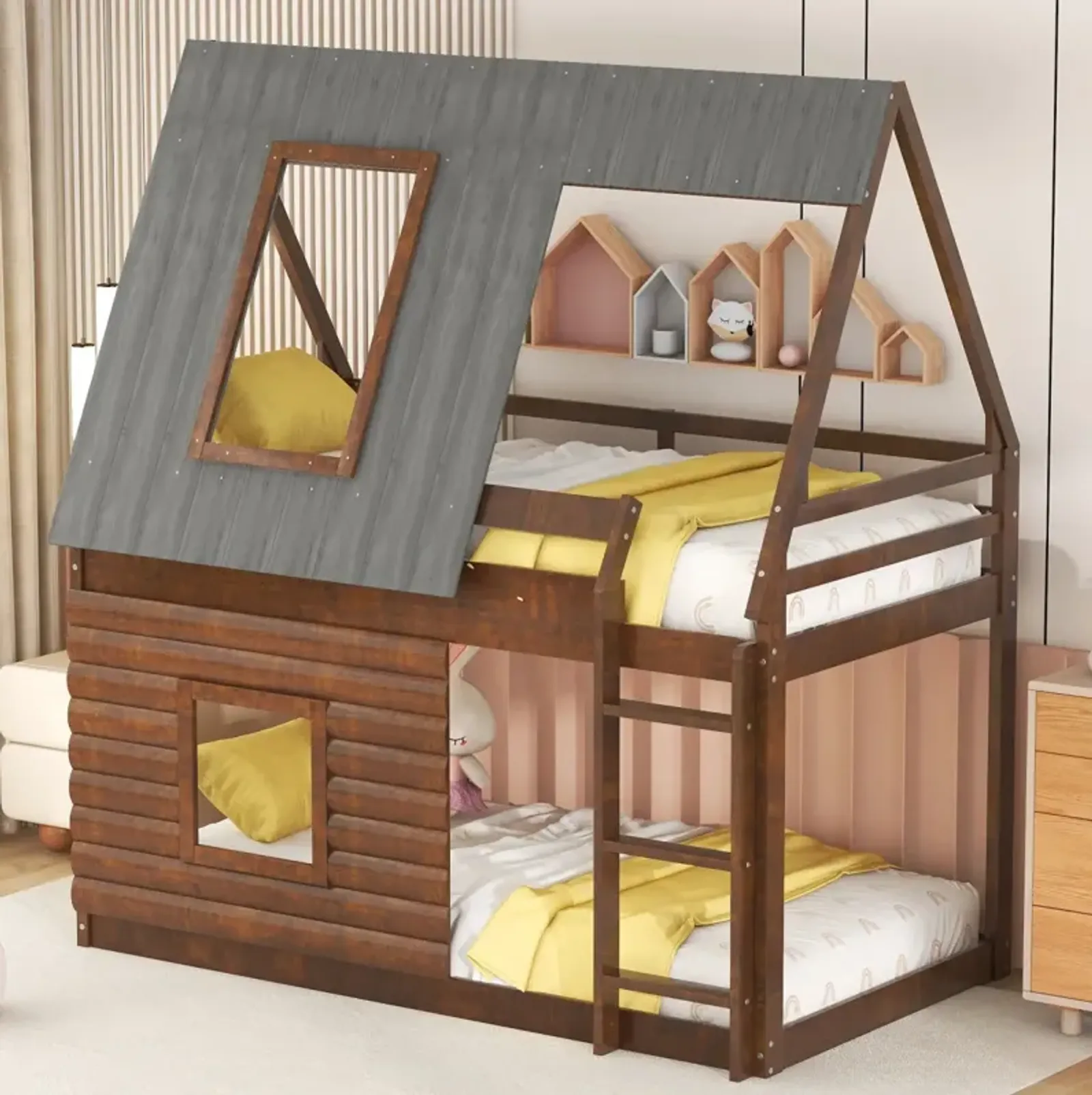 Wood Twin Size House Bunk Bed With Roof, Ladder And 2 Windows, Oak & Smoky