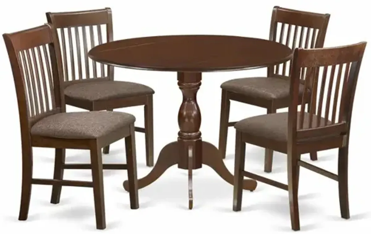 East West Furniture DMNF5-MAH-C 5 Piece Dining Room Table Set - Mahogany Modern Dining Table with 4 Mahogany Linen Fabric Kitchen Chairs with Slatted Back - Mahogany Finish