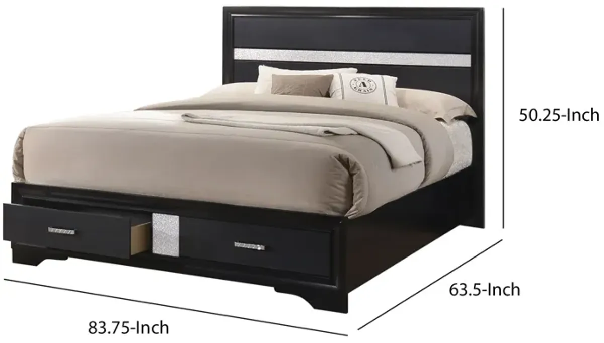 Transitional 2 Drawer Wooden Queen Size Bed with Glitter Stripe, Black-Benzara