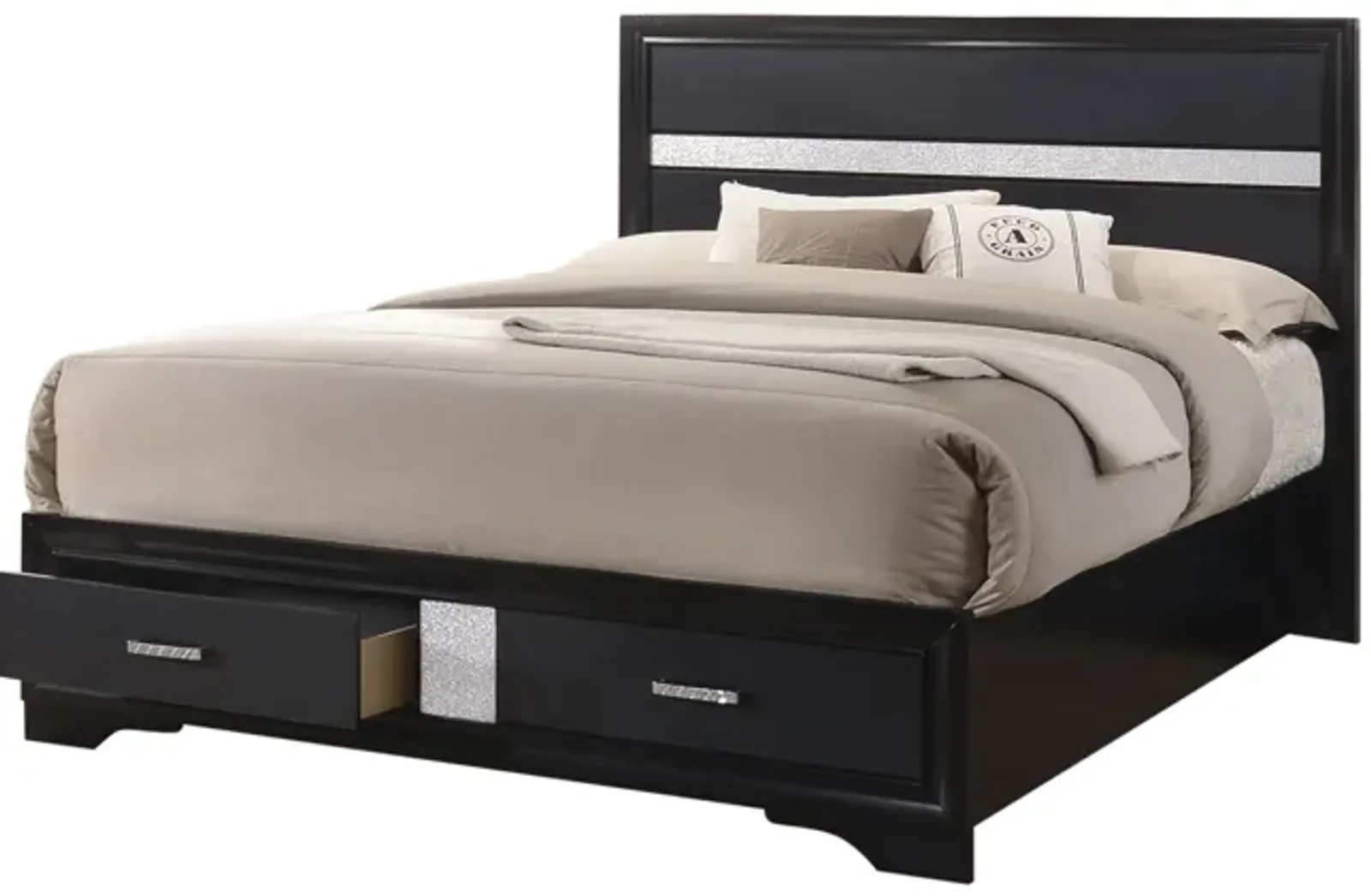 Transitional 2 Drawer Wooden Queen Size Bed with Glitter Stripe, Black-Benzara