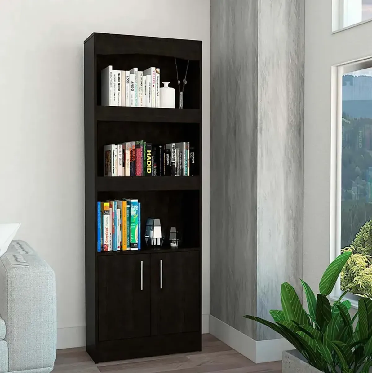 Homezia 71" Three Shelf Bookcase with Cabinet Storage