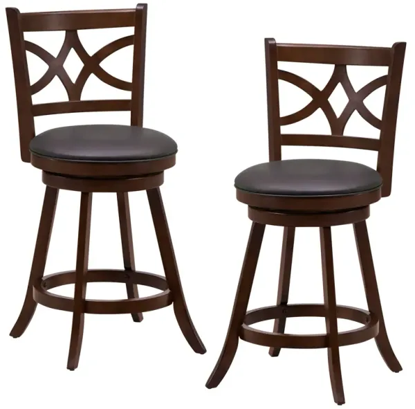 Set of 2 Bar Chairs 360� Swivel with Leather Cushioned Seat and Rubber Wood Frame