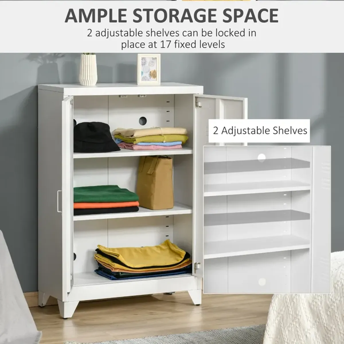 White Steel Storage: Industrial 2-Tier Cabinet for Living Room