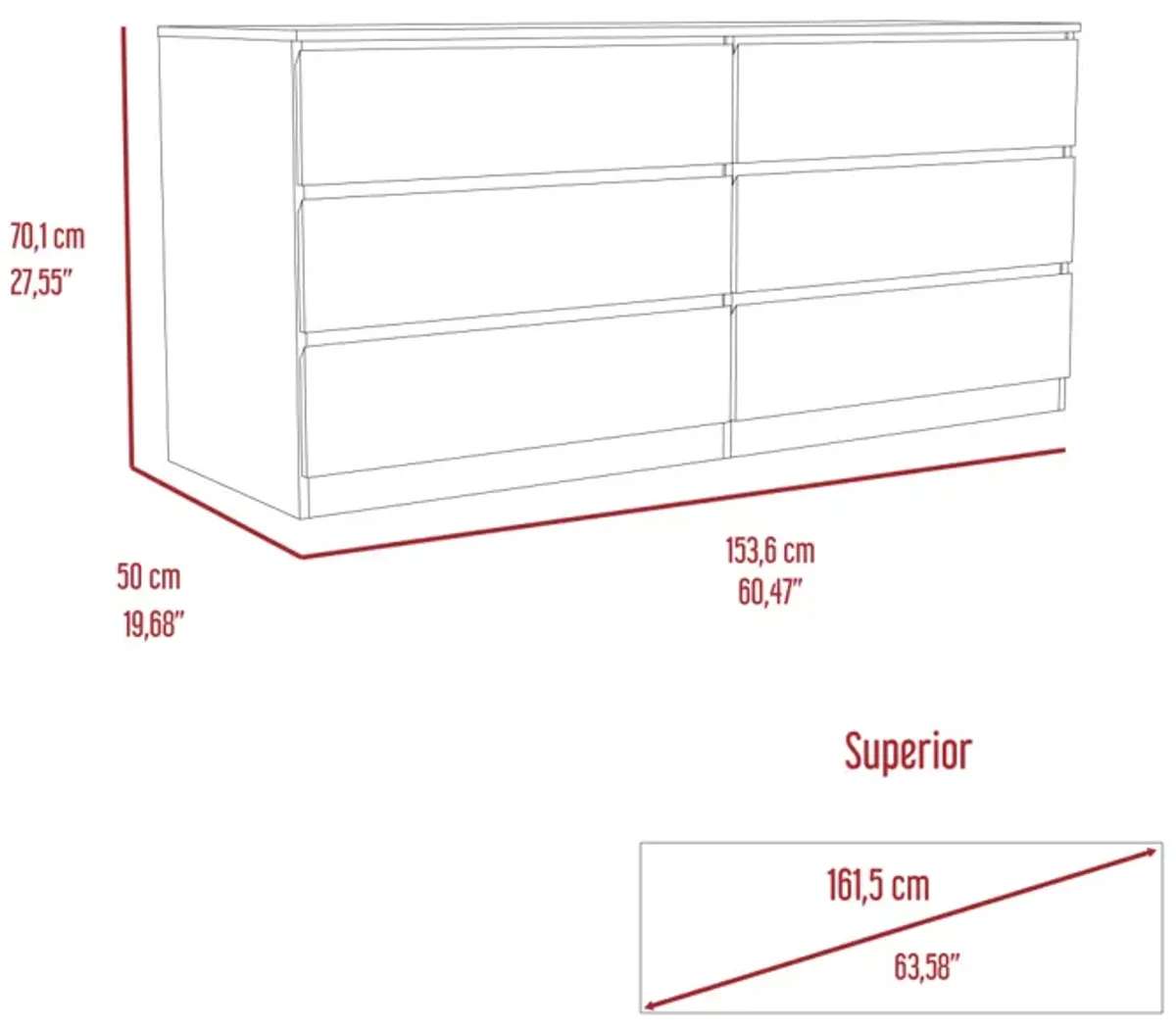 Waterville 6-Drawer Rectangle Dresser White