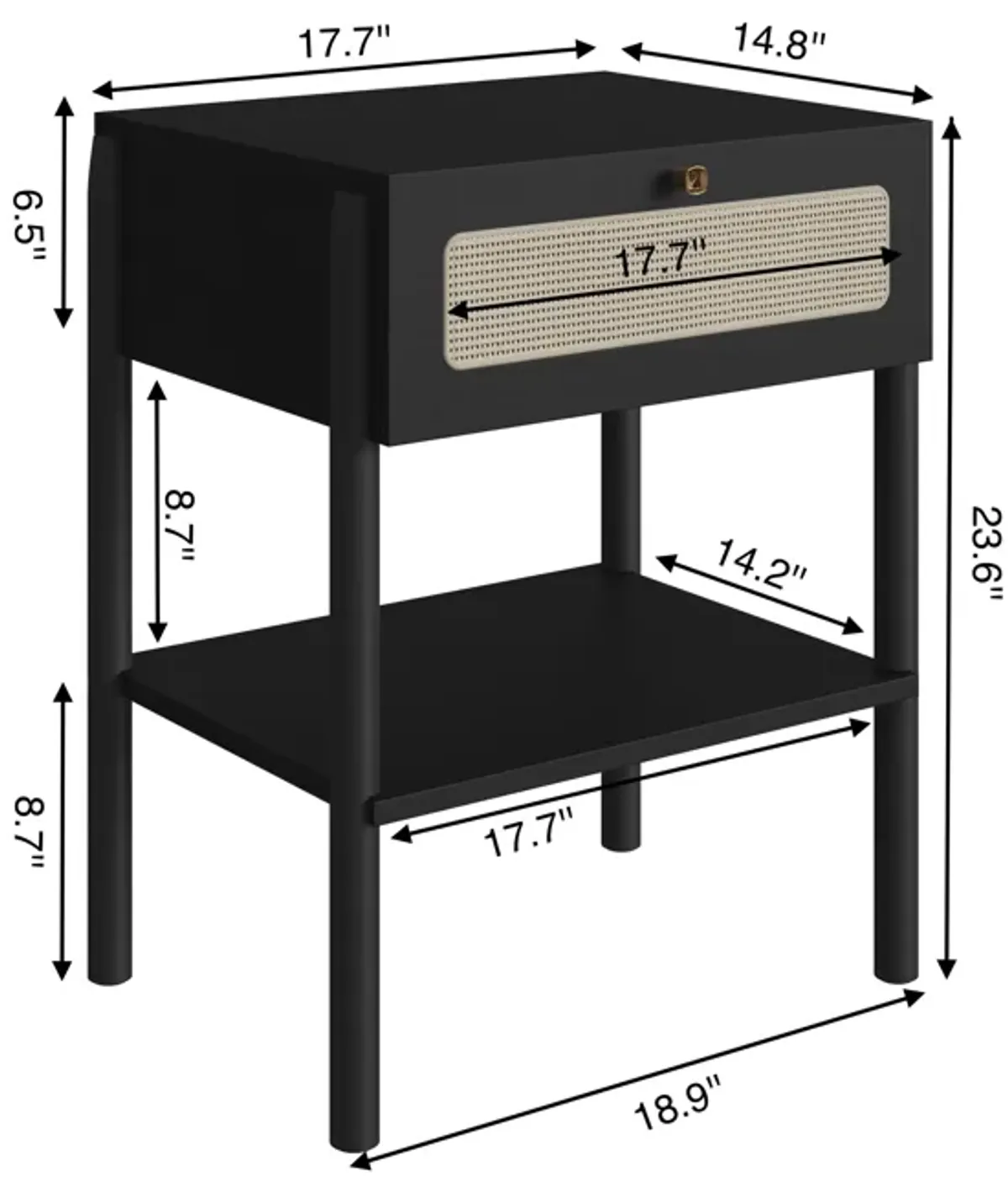 Boho Nightstand  End Table Storage Wood Leg Rattan 1 Drawer -Nero Black