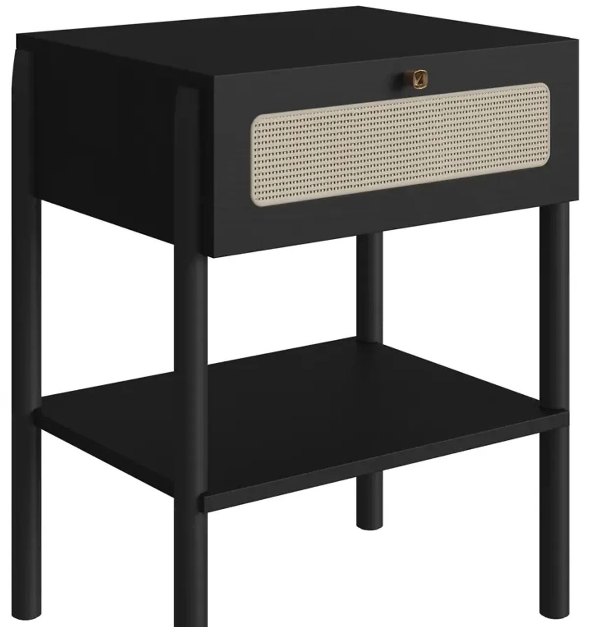 Boho Nightstand  End Table Storage Wood Leg Rattan 1 Drawer -Nero Black