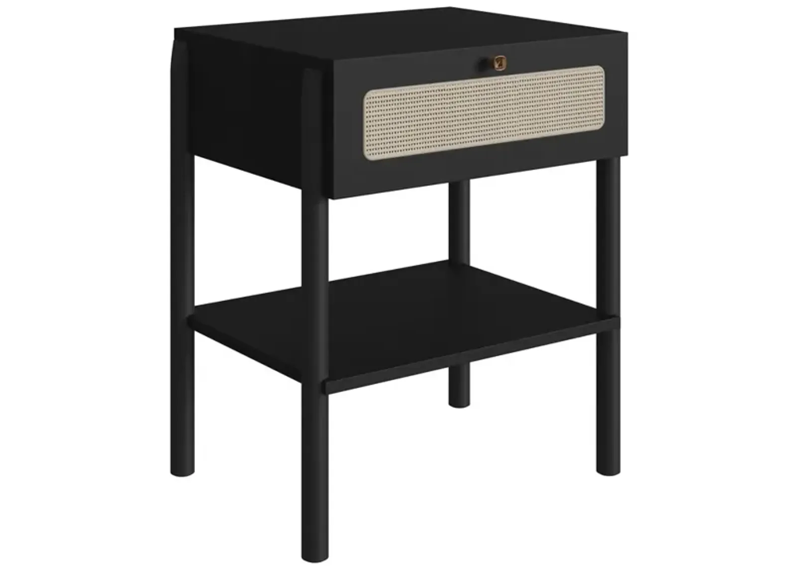 Boho Nightstand  End Table Storage Wood Leg Rattan 1 Drawer -Nero Black