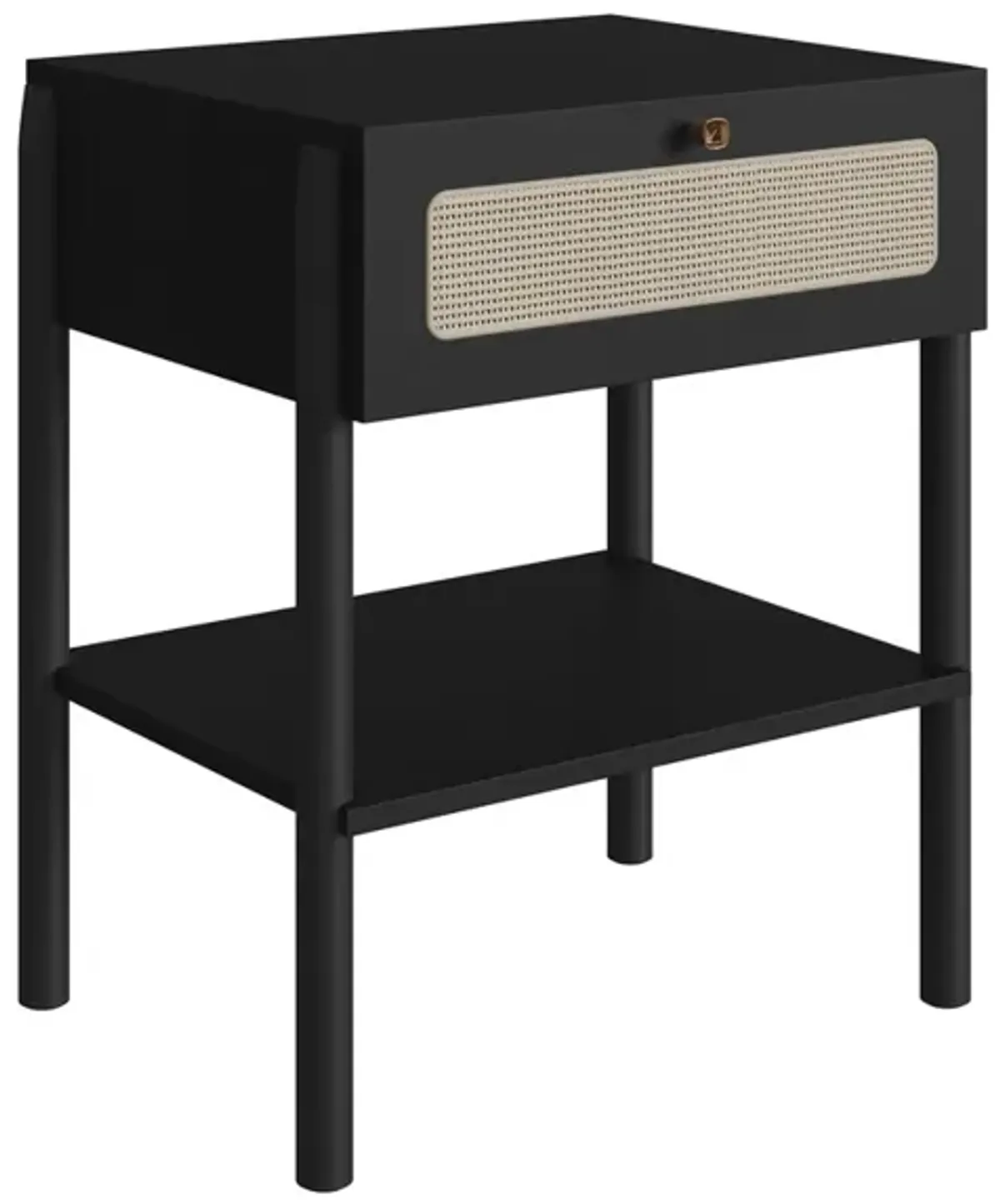 Boho Nightstand  End Table Storage Wood Leg Rattan 1 Drawer -Nero Black