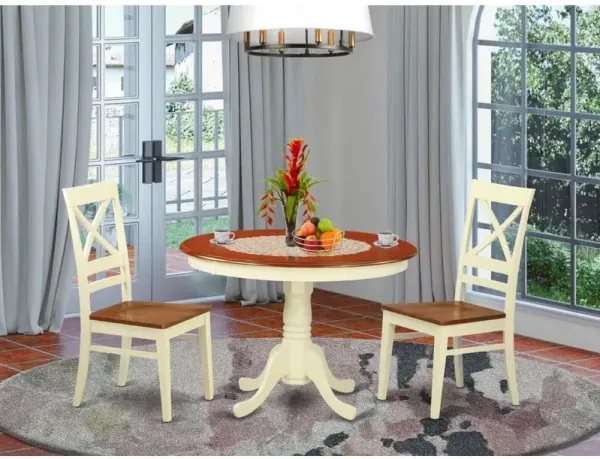 3 Pc set with a Round Small Table and 2 Leather Kitchen Chairs in Buttermilk and Cherry .