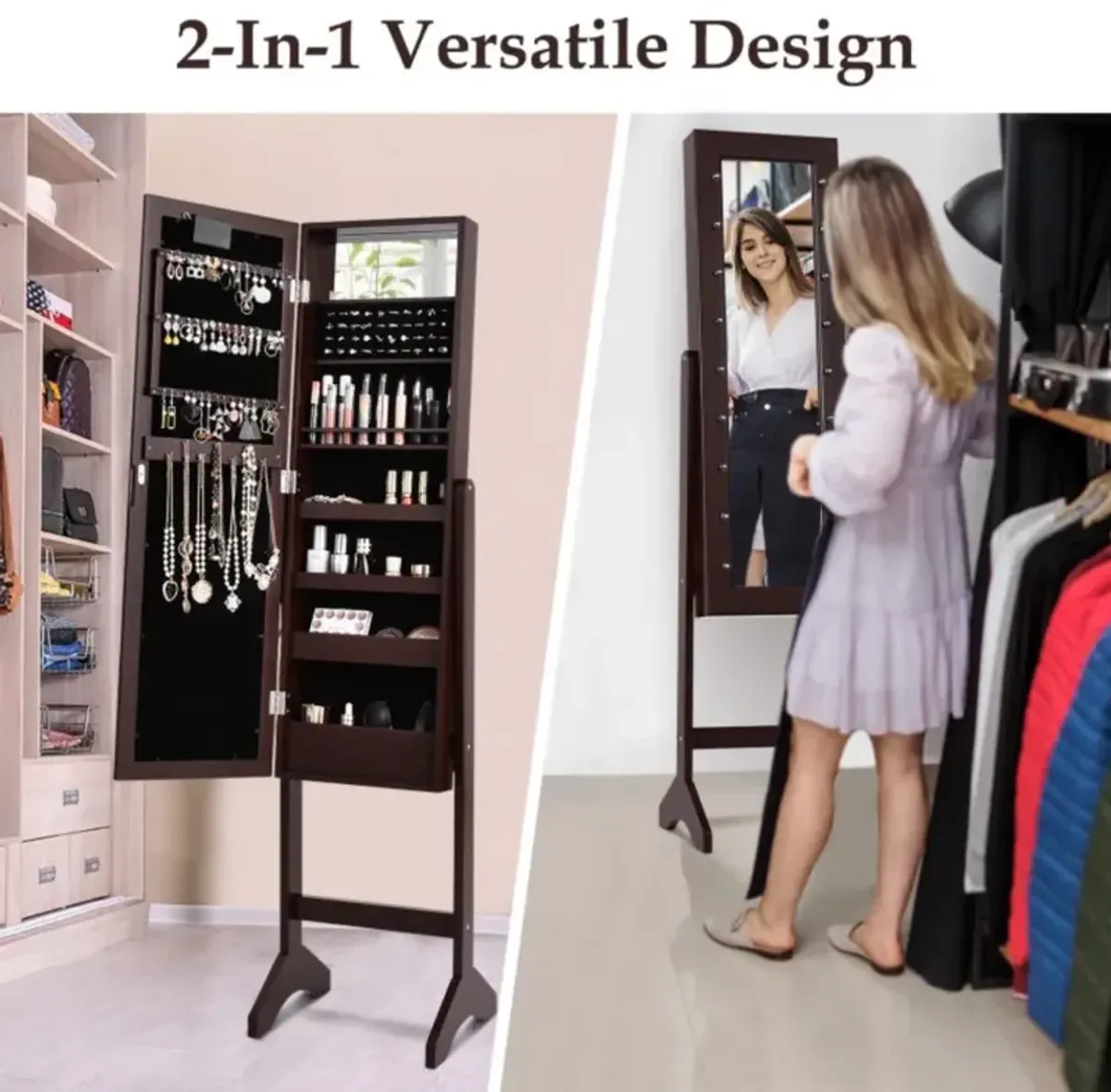 Hivvago Mirrored Jewelry Cabinet Armoire Organizer w/ LED lights