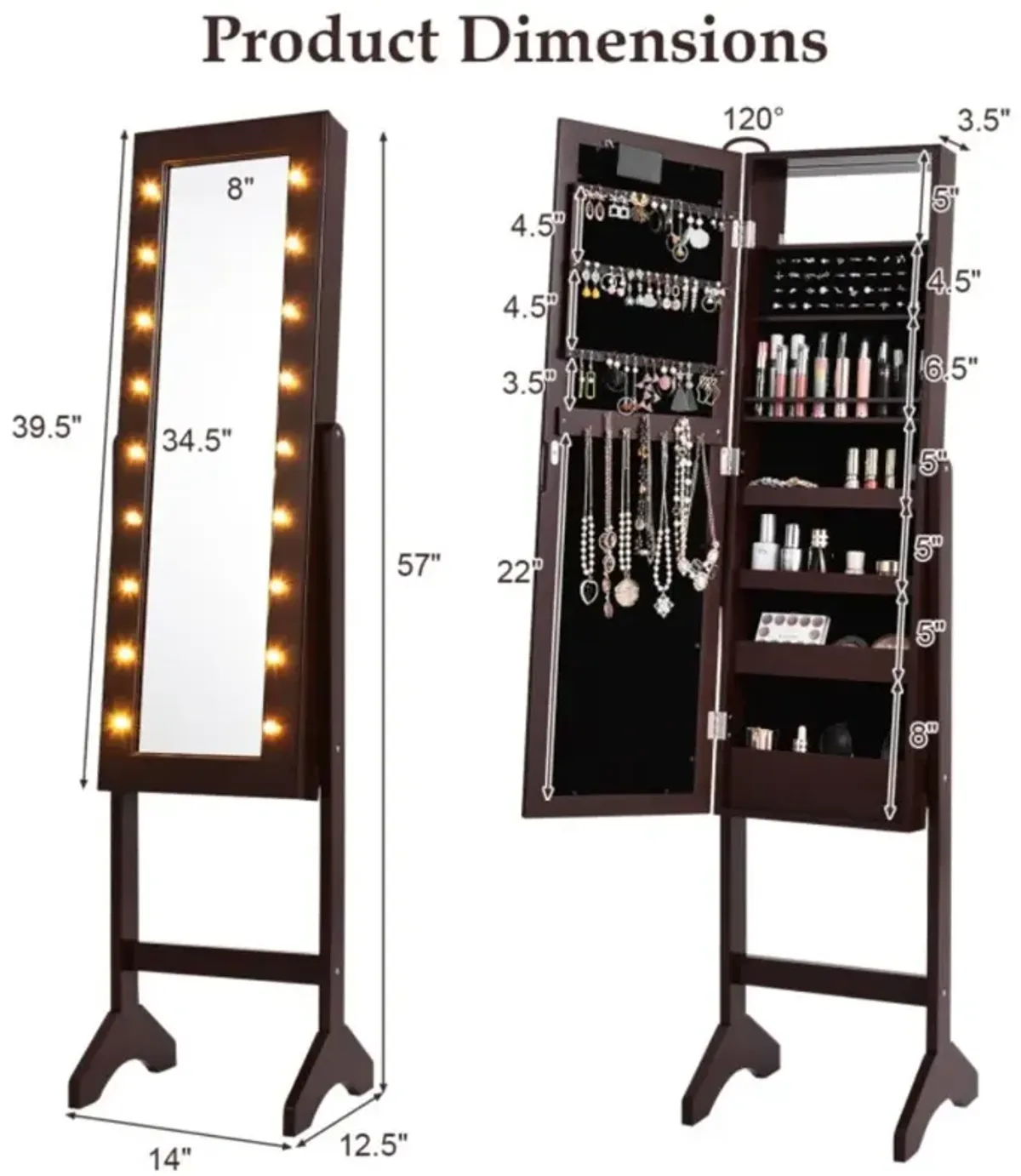 Hivvago Mirrored Jewelry Cabinet Armoire Organizer w/ LED lights