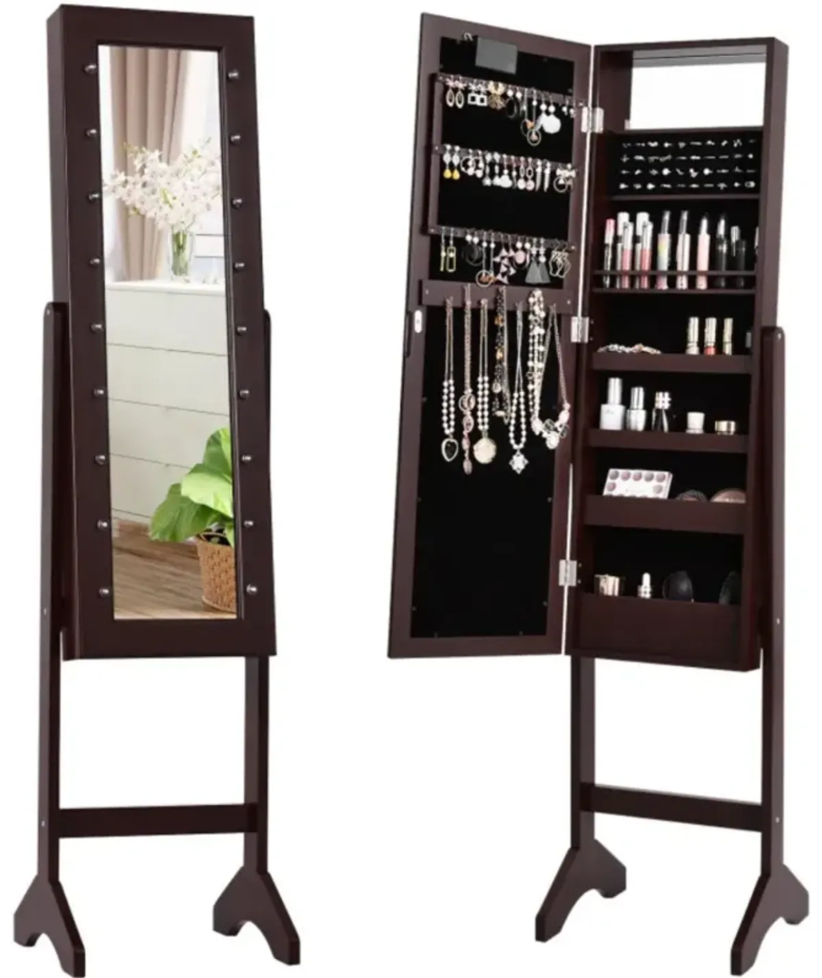 Hivvago Mirrored Jewelry Cabinet Armoire Organizer w/ LED lights