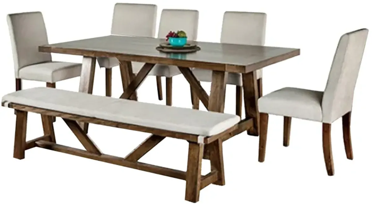 Jule 7pc Dining Set, Brown Rectangular Table, Chairs, Bench w White Seat - Benzara