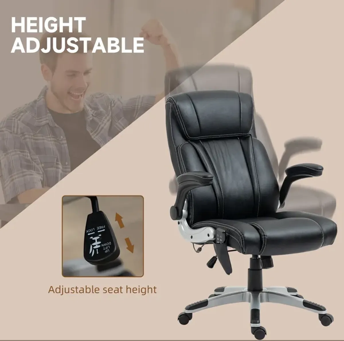 Black Faux Leather Massage Chair: 6 Vibration Points, Flip-up Armrest