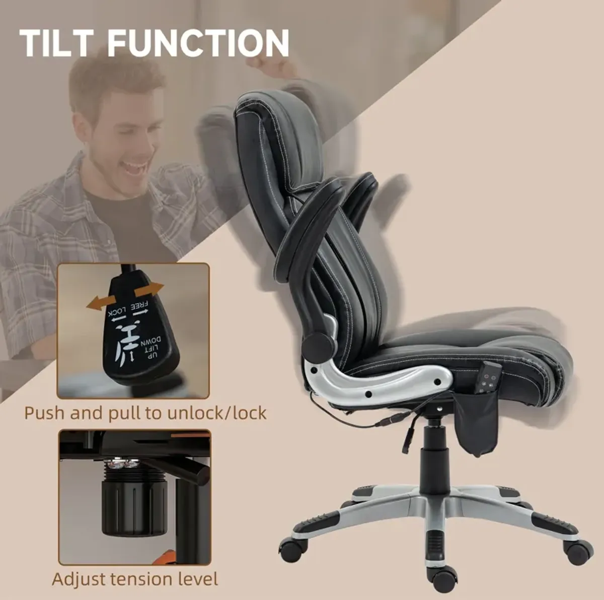 Black Faux Leather Massage Chair: 6 Vibration Points, Flip-up Armrest