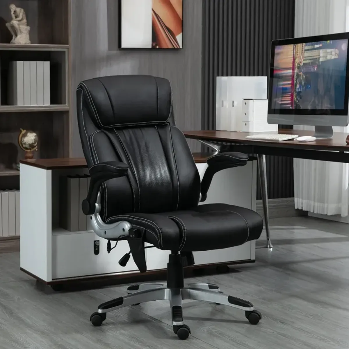 Black Faux Leather Massage Chair: 6 Vibration Points, Flip-up Armrest