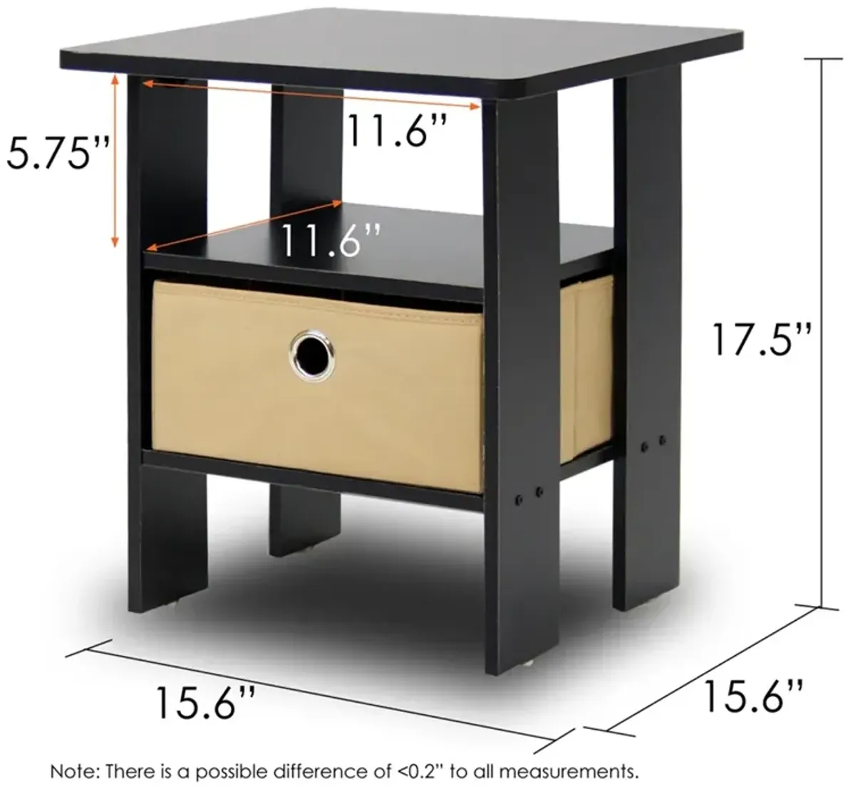 End Table Bedroom Night Stand w/Bin Drawer, Espresso/Brown