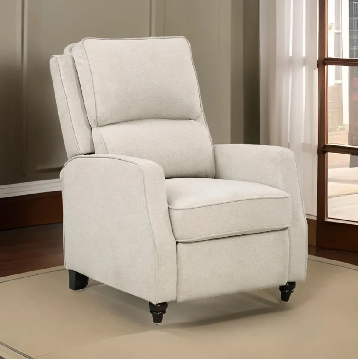 Isac 37 Inch Push Back Recliner Chair, Beige Polyester, Brown Solid Wood  - Benzara