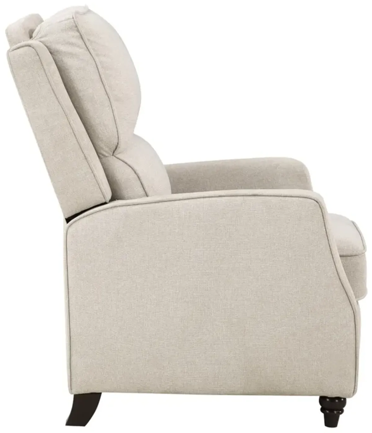 Isac 37 Inch Push Back Recliner Chair, Beige Polyester, Brown Solid Wood  - Benzara