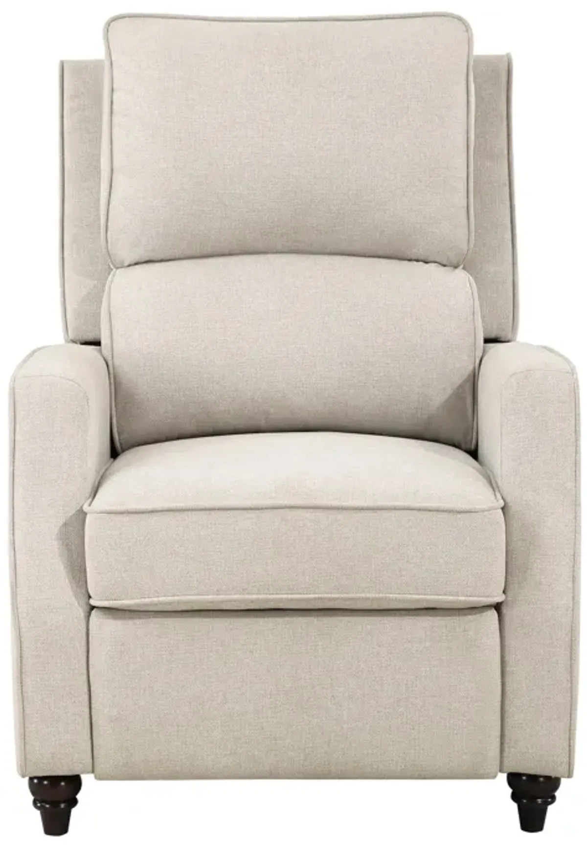 Isac 37 Inch Push Back Recliner Chair, Beige Polyester, Brown Solid Wood  - Benzara