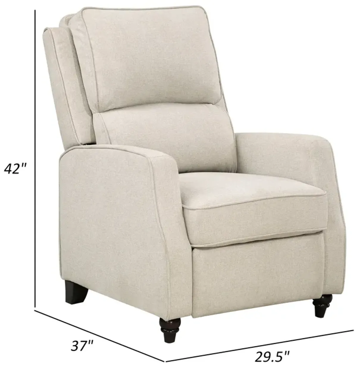 Isac 37 Inch Push Back Recliner Chair, Beige Polyester, Brown Solid Wood  - Benzara