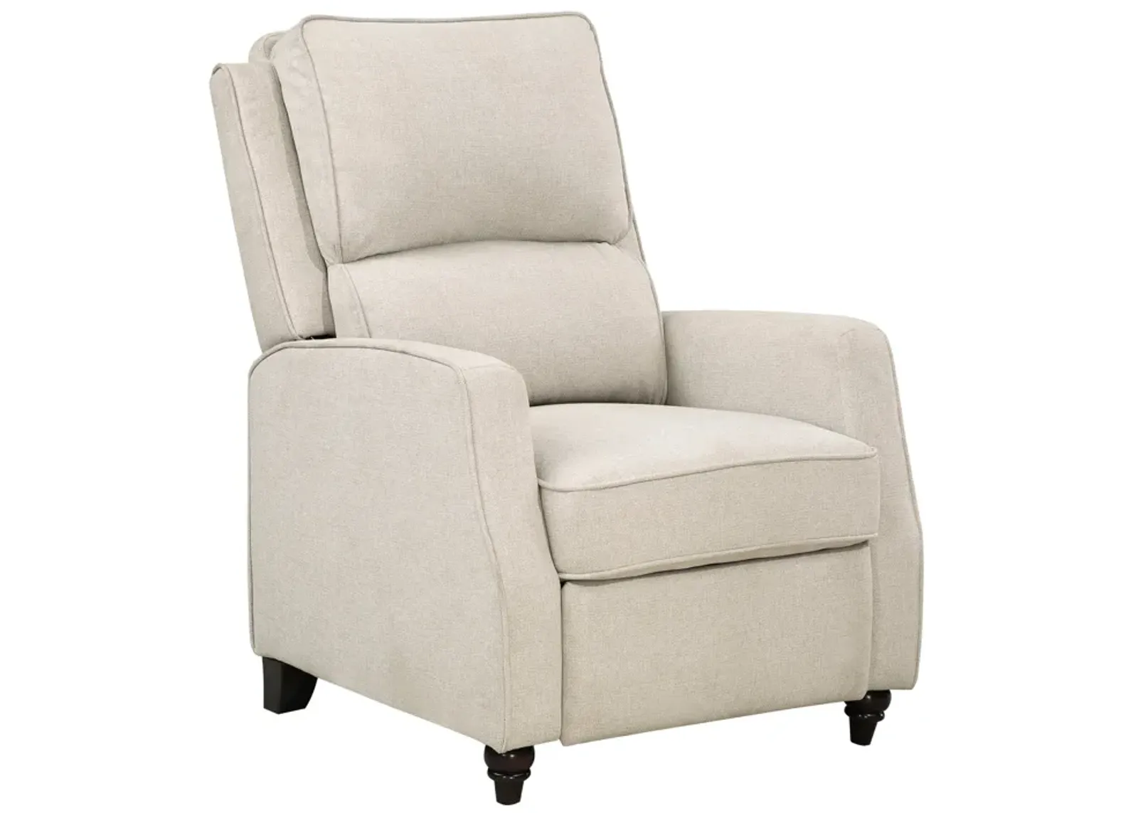 Isac 37 Inch Push Back Recliner Chair, Beige Polyester, Brown Solid Wood  - Benzara