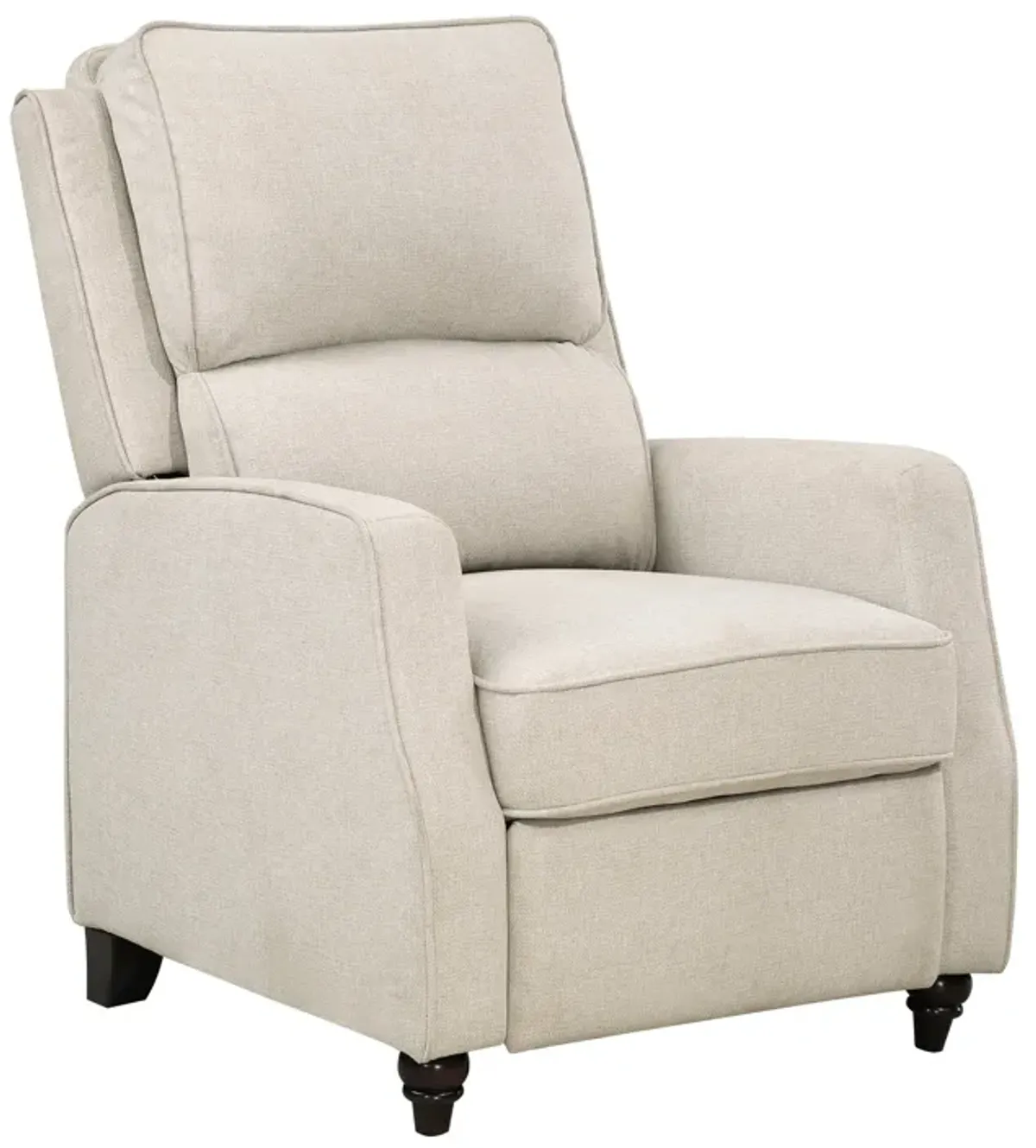 Isac 37 Inch Push Back Recliner Chair, Beige Polyester, Brown Solid Wood  - Benzara