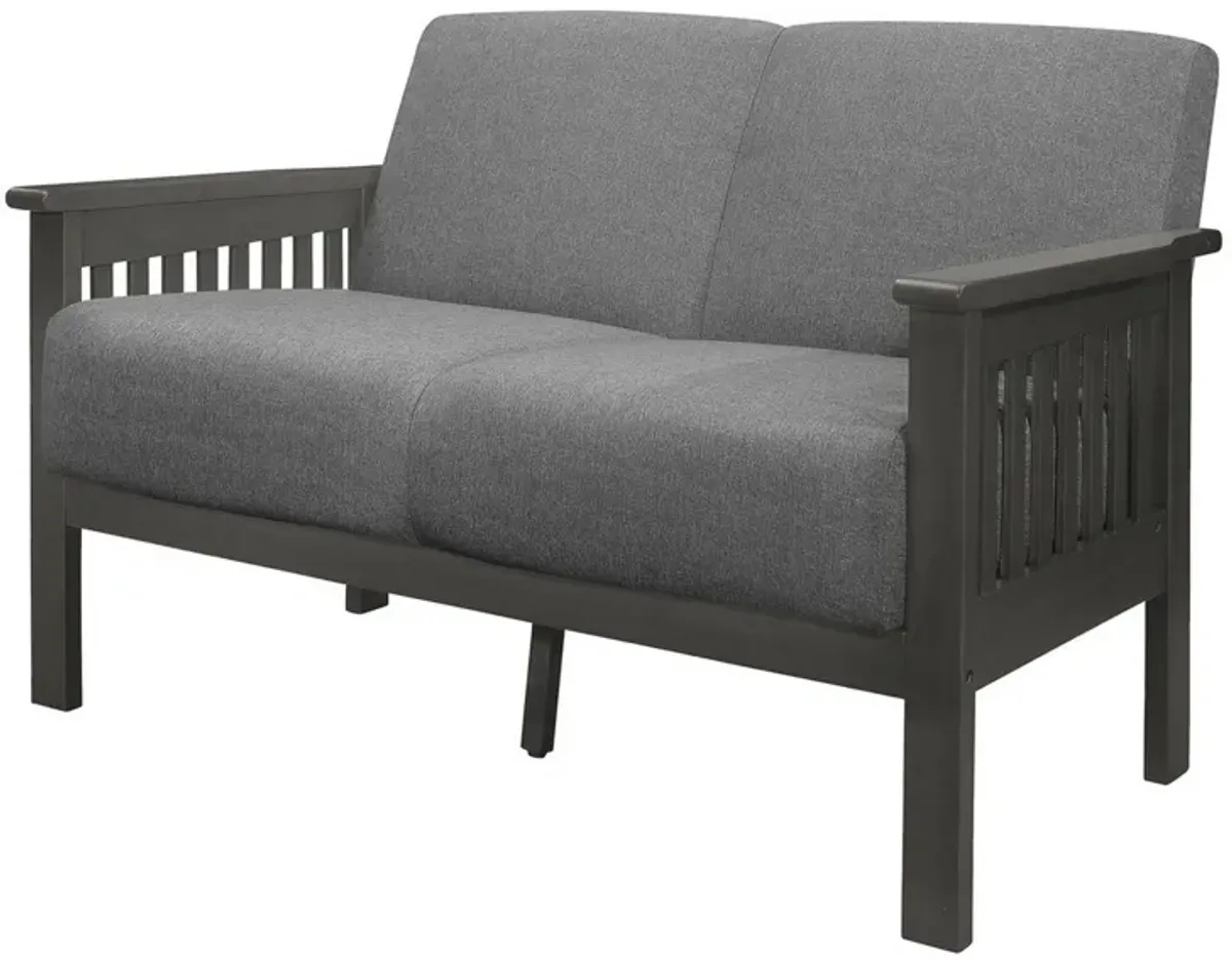 Wiston 50 Inch Loveseat, Gray Polyester, Dark Gray Solid Rubberwood - Benzara