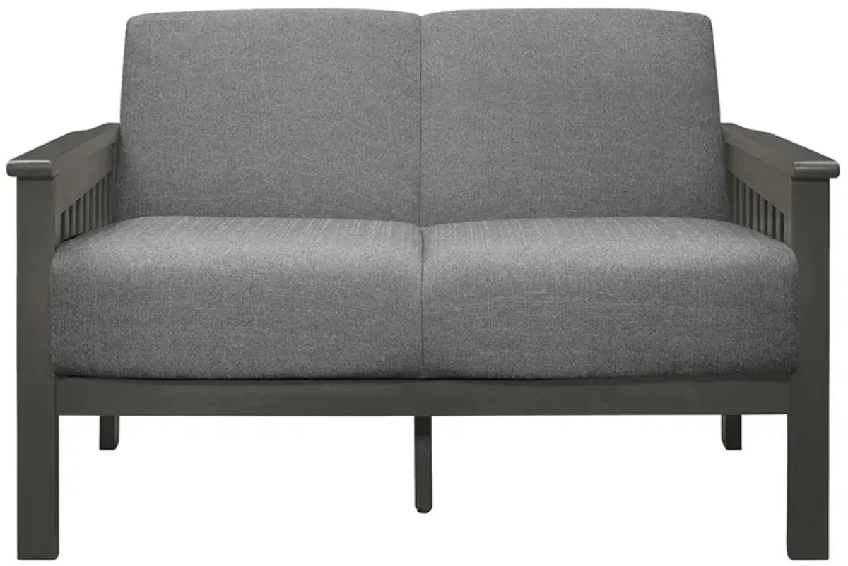 Wiston 50 Inch Loveseat, Gray Polyester, Dark Gray Solid Rubberwood - Benzara