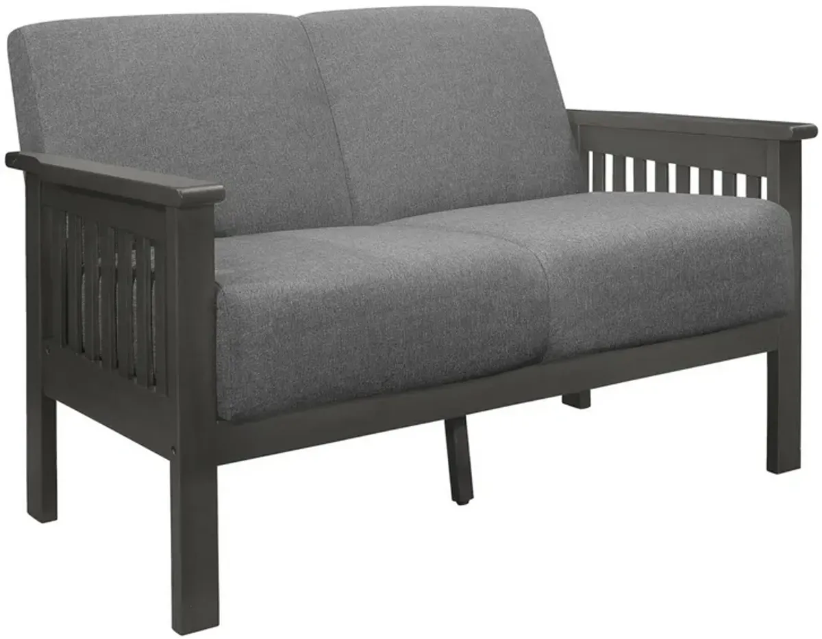 Wiston 50 Inch Loveseat, Gray Polyester, Dark Gray Solid Rubberwood - Benzara