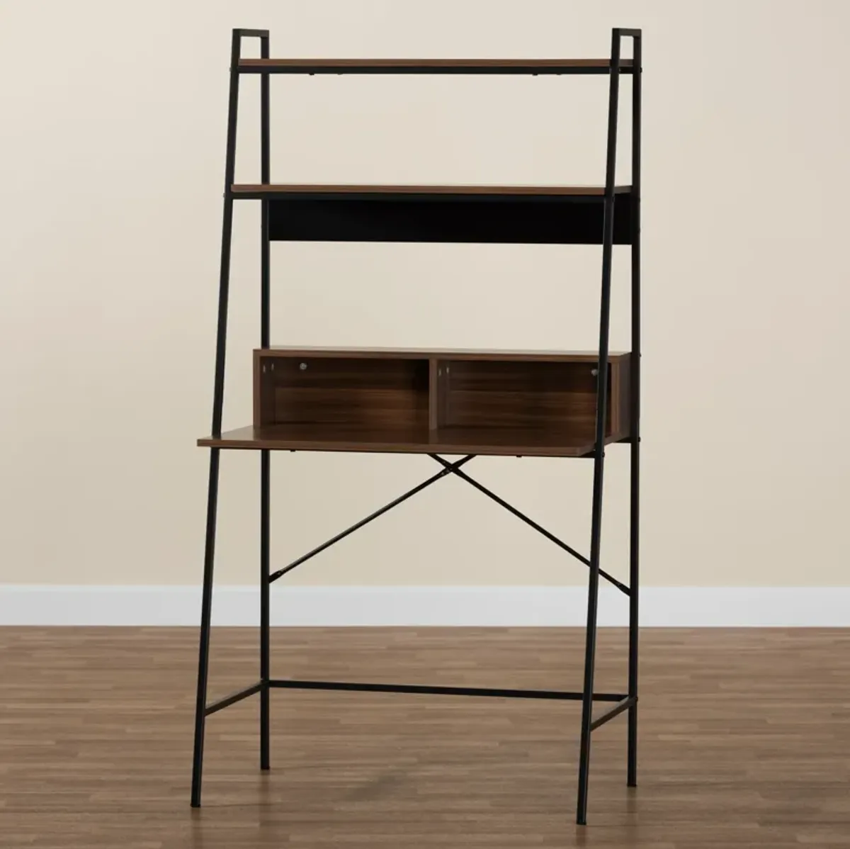 Baxton Studio Palmira Industrial Walnut Brown Finished Wood and Metal Desk with Shelves