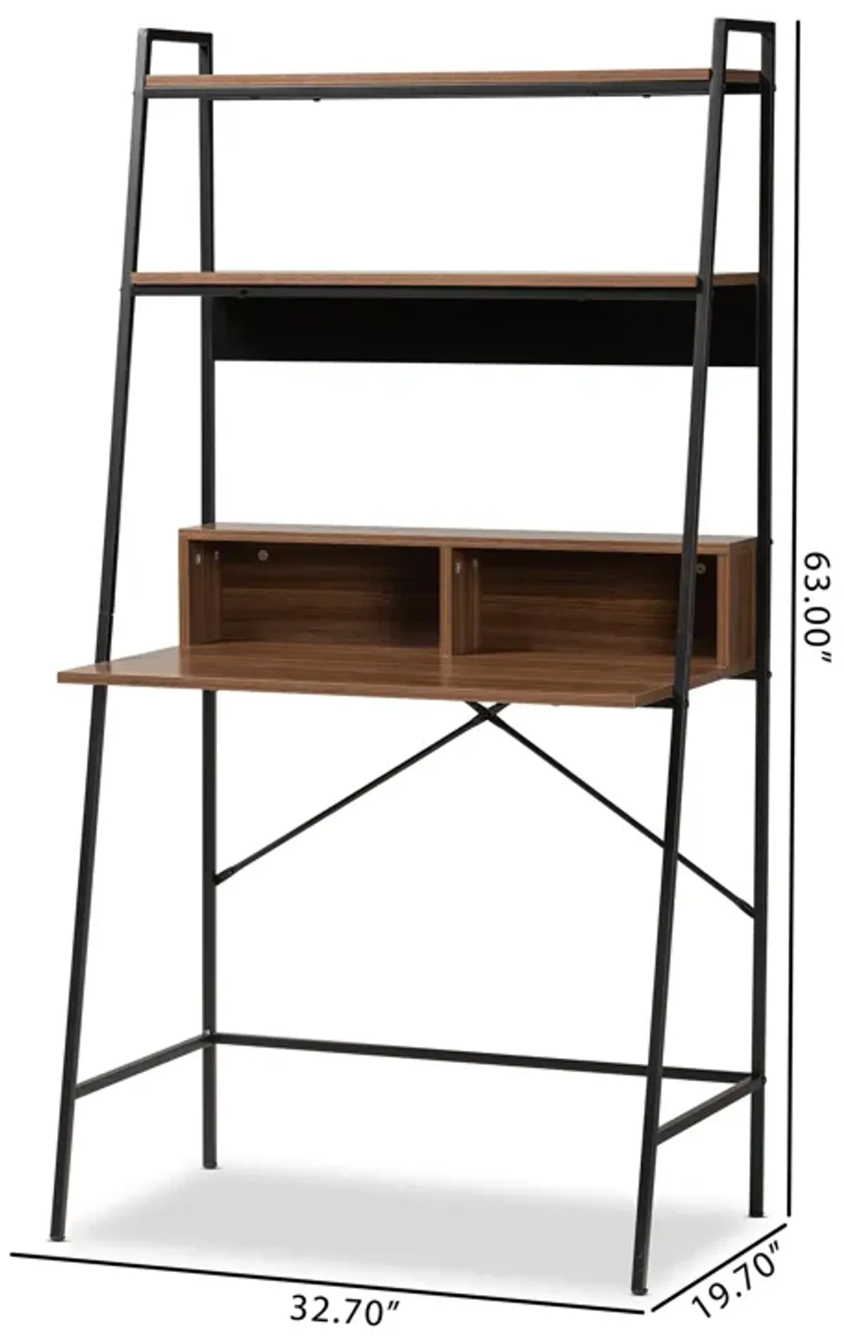 Baxton Studio Palmira Industrial Walnut Brown Finished Wood and Metal Desk with Shelves